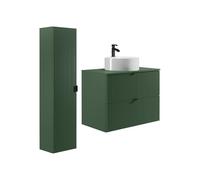 Vente-unique - Meuble de Salle de Bain Suspendu strié avec Vasque à Poser Ronde et Colonne - Vert Mat - 80 cm - ZEVINI