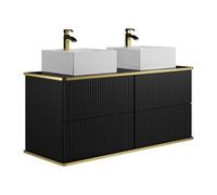 Vente-unique - Meuble de Salle de Bain Suspendu strié liseré doré avec Double Vasque à Poser carrée - Noir - 120 cm - KELIZA