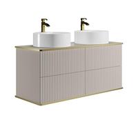 Meuble de salle de bain suspendu strié liseré doré avec double vasque à poser ronde - Beige - 120 cm - KELIZA