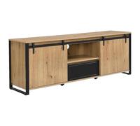 Vente-unique - Meuble TV avec 2 Portes coulissantes, 1 tiroir et 1 Niche en MDF et métal Noir - Naturel - BELINARO