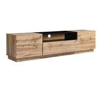 Vente-unique-Meuble TV CEMILINA en Coloris Naturel Clair et Noir, doté de 2 Portes, 1 tiroir et 1 Niche, offrant Un Grand Espace de Rangement, Design Moderne et Pratique pour Salon Contemporain