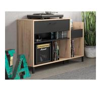 Meuble rangement vinyle - GAMI - Platine - Style urbain - Décor chêne - Noir - L 115 x P 40 x H 81 cm