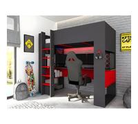Lit mezzanine gamer NOAH avec bureau et rangements intégrés - 90 x 200 cm - Avec LEDs - Anthracite et rouge + matelas