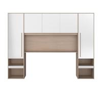 Vente-unique - Pont de lit avec rangements - avec LEDs - L265 cm - Coloris : Blanc Brillant et Naturel - VELONA