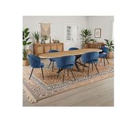 VENTER Ensemble table extensible 180-300 cm aspect bois naturel et 6 chaises tissu bouclette bleu