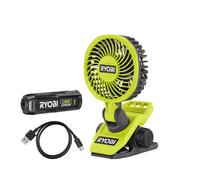 RYOBI - Ventilateur à Pince 4V USB Lithium RCF4-120G - Portable & Orientable - Idéal pour Se Rafraîchir en Bricolant, Camping ou Bureau - Inclus Batterie 2,0Ah & Câble