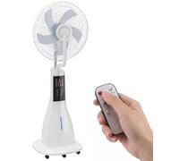 Ventilateur avec brumisation - Ventilateur sur pied avec roulettes - 90W - Oscillation de 75° - 3 vitesses et 3 modes - Réservoir d'eau de 3L - Minuterie de 7,5 heures et télécommande - Blanc