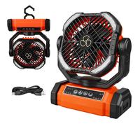 Ventilateur Camping Oscillant 90° - 270° Rotatif, 4 Vitesses - Lanterne LED, Crochet - Rechargeable & Sans Fil - Piles