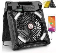 Ventilateur de camping amélioré avec lampe – Ventilateur rechargeable, autonomie max. 36 h, 4 vitesses, minuterie 8 h, ventilateur de bureau portable inclinable à 90° pour les tempêtes, les coupures d