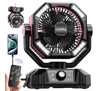 Ventilateur de camping avec lampe LED de 20000 mAh - Ventilateur de table portable - 4 lumières LED - 8 niveaux de vitesse - Oscillation - Batterie rechargeable - Télécommande - Rose