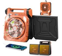 Ventilateur de Camping,Ventilateur Solaire con Batterie 20000mAh Rechargeable,2 Panneaux Solaires,Lumière LED,Lampe torche,Secouant la tête,Affichage Numérique,Minuterie pour Pêche Randonnée Voyage