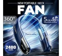 Ventilateur de cou Portable 1 pièce, climatiseur Portable avec écran d'affichage LED, 360 ° Vent environnant, 2400 mAh, 5 vitesses, faible bruit Bleu