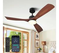 Ventilateur de plafond Ø 132 cm avec éclairage et télécommande, moteur à courant continu, silencieux, 6 vitesses, aspect bois, design moderne, compatible avec l'application Smart, intensité réglable,