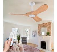 Ventilateur de plafond 42 pouces sans éclairage, 3 pales en bois naturel, télécommande, 6 vitesses, blanc et bois