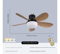 Ventilateur de plafond à pales ovales en bois avec douille à vis E27, silencieux, 30 W - Noir