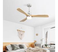 Ventilateur de plafond AIORBER, pales en bois 52", fonctionnement silencieux, éclairage LED 18W & télécommande, 6 vitesses, moteur réversible,minuterie, intérieur/extérieur, argenté