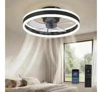 Ventilateur de plafond avec éclairage, 3 températures de couleur et 6 vitesses, contrôle via application/télécommande, fonctionnement silencieux, variateur d'intensité, couleur noire, diamètre 50 cm
