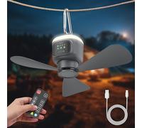 Ventilateur de plafond avec éclairage de camping, rechargeable, avec lumière et télécommande, USB, minuterie, convient pour chambre à coucher, terrasse, parasol, salle à outils, pavillon, auvent (gris