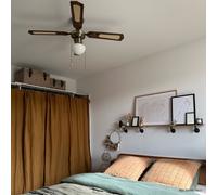Farelek Bali - Ventilateur de plafond réversible 107 cm, laiton antique, 4 pales noyées/cannées noyer avec éclairage E27