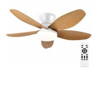 Ventilateur de plafond avec lumière LED, silencieux, réversible, 5 pales | Moteur DC, 6 vitesses, télécommande, minuterie 2/4 h, LED 3000-6500 K réglable de 10 à 100 %, profil bas de 21 cm.