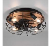 Ventilateur de plafond avec télécommande Lampe de plafond Ventilateur de salon imitation bois, métal noir, minuterie 3 vitesses, douilles 4x E27, D 48 cm