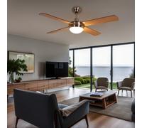 Ventilateur de plafond avec télécommande ventilateur lampe 3 niveaux plafonnier flux/retour, métal bois, pales réversibles, 2x LED 3,7W 320Lm blanc chaud, PxH 132x41 cm
