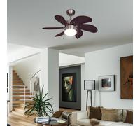 Ventilateur de plafond Interrupteur à tirette Ventilateur aller et retour Plafonnier Ventilateur, bois brun, titane, LED 7W 600Lm blanc chaud, DxH 75x36 cm