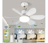 Ventilateur de Plafond LED E27 40W avec Télécommande, 6 Pales, 3 Vitesses, Silencieux, Lampe Ventilateur pour Chambre et Salon