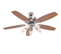 Ventilateur de plafond Lüfer Kühler Interrupteur à tirette Lampe de salon Refroidisseur de pièce, nickel mat chrome, MDF, 5x E14 LED, DxH 130x49,5 cm