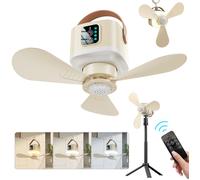 Ventilateur de plafond portable rechargeable avec lumière LED, avec télécommande et pied, design anti-moustiques, beige clair