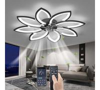 Ventilateur de plafond silencieux avec éclairage, télécommande, variateur LED, lampe de plafond moderne pour salon ou chambre, 6 vitesses réglables, couleur noire, diamètre 90 cm