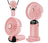 Ventilateur de poche rechargeable par USB, mini-ventilateur de bureau pliable avec 5 vitesses, alimenté par batterie et doté d'un écran LED - Rose