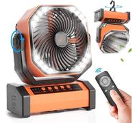 Ventilateur de tente avec lampe LED, 20 000 mAh, 4 vitesses, recharge USB, minuterie, télécommande et crochets pour le camping.