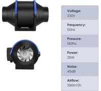 Ventilateur en ligne, télécommande, fonctionnement silencieux, diamètre 100mm, prise UE 220V