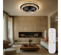 Ventilateur de plafond LED avec télécommande Plafonnier CCT dimmable Ventilateur aspect bois fumé noir, marche avant-arrière 6 niveaux, 32W 1200Lm blanc chaud froid, D 50 cm