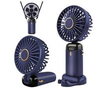 Ventilateur Portable Rechargeable USB, 5 Vitesses, Bleu Marine | Tour de Cou ou sur Pied, Écran LED Batterie, 90mm de Diamètre, Léger et Compact, Alimentation USB