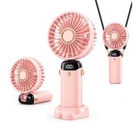 Ventilateur Portable Rechargeable USB, 5 Vitesses, rose | Tour de Cou ou sur Pied, Écran LED Batterie, 90mm de Diamètre, Léger et Compact, Alimentation USB