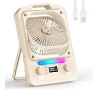 Ventilateur Portable Silencieux 3-en-1, Mini Ventilateur de Bureau avec 100 Vitesses, Lumière LED 7 Couleurs, Minuteur de 8 heures, Enceinte Bluetooth, Ventilateur USB pour Camping, Maison, Voyage