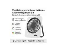Ventilateur portable sur batterie - 5 vitesses - Autonomie 6h - Compact & silencieux - Recharge USB - À poser ou accrocher - NOIR