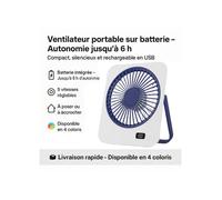 Ventilateur portable sur batterie - 5 vitesses - Autonomie 6h - Compact & silencieux - Recharge USB - À poser ou accrocher - BLEU