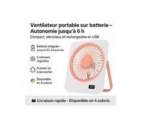 Ventilateur portable sur batterie - 5 vitesses - Autonomie 6h - Compact & silencieux - Recharge USB - À poser ou accrocher - ROSE