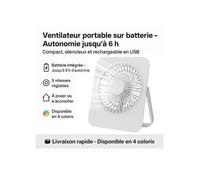 Ventilateur portable sur batterie - 5 vitesses - Autonomie 6h - Compact & silencieux - Recharge USB - À poser ou accrocher - BLANC
