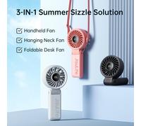 Ventilateur portatif JISULIFE avec écran LED, 5 vitesses, 5000 mAh, 150 ° Ventilateur personnel multifonction 3-en-1 pliable pour les mains, le bureau et le cou 3600mAh White