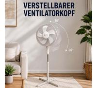 Ventilateur sur pied BURI, 45W | Disponible en quantité de 1 à 6 pièces | Hauteur réglable de 120 à 130 cm | 3 vitesses | 5 pales | Diamètre : 43 cm | Fonctionnement silencieux | Angle d'inclinaison r