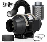 Ventilateur tubulaire 100 mm - Kit de ventilation en ligne - Débit d'air 360 m³/h - Régulateur de vitesse - Filtre à charbon actif - Tuyau flexible - Pour tente de culture - CE - Noir