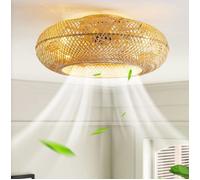 Ventilateurs de plafond avec Lumière et Télécommande Silencieux Lamp Pendentif Rotin Naturel Tissé Lampe de Plafond Salon Chambre