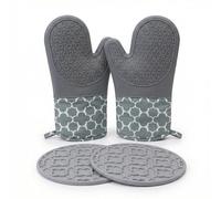 VEOIRXU 1 Paire Gants de Cuisine en Silicone avec 2 Maniques Gants Anti Chaleur Gants de Cuisine pour Four Gants Antidérapants pour Cuisine Pâtisserie (Gris Trèfle à Quatre Feuilles)