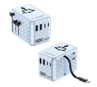 Verbatim GaN Adaptateur de Voyage 100 W Bleu avec câble intégré et 2 Ports USB-C, 2 Ports USB-A, 2 Ports USA/JP, Chargeur Rapide Universel pour Ordinateur Portable, Smartphone et Plus Encore