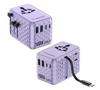 Verbatim GaN Adaptateur de Voyage 100 W Violet avec câble intégré et 2 Ports USB-C, 2 Ports USB-A, 2 Ports USA/JP, Chargeur Rapide Universel pour Ordinateur Portable, Smartphone et Plus Encore