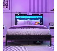 VERFARM Cadre de lit double rembourré, 120 x 200 cm, avec LED et station de charge, rangement intégré, convertible avec tête de lit